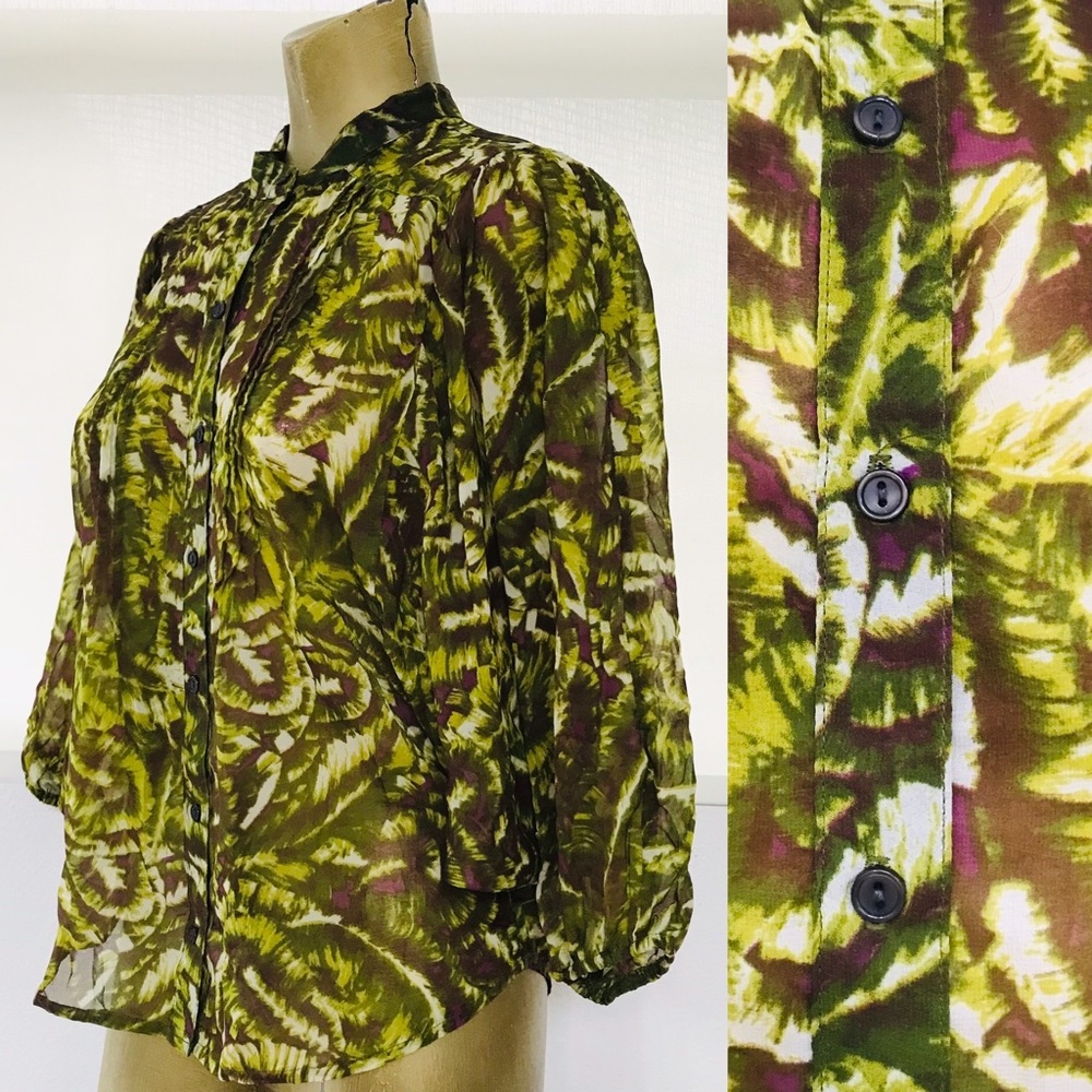 TROPICAL Print PALM LEAF Semi Sheer BLOUSE Medium